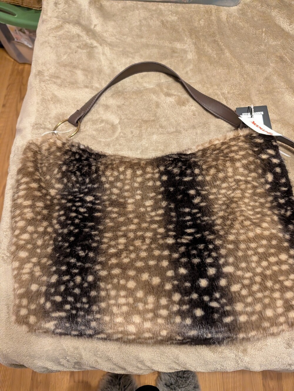 Deer Pattern Plush Spotted Brown Faux-Fur Shoulder Bag with Brown Strap